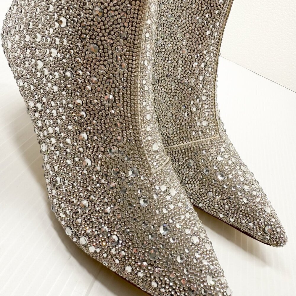Abound Silver Rhinestone Ankle Boots 7M Sparkle Glitter Pointed Toe Party Heels - Picture 3 of 13